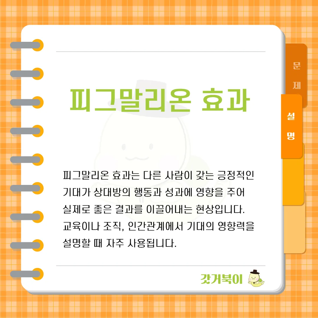 타인의 기대나 믿음이 실제로 그 사람의 성과나 행동에 영향을 미쳐 긍정적인 결과를 이끌어내는 심리학적 현상을 무엇이라고 하는가? 설명 이미지